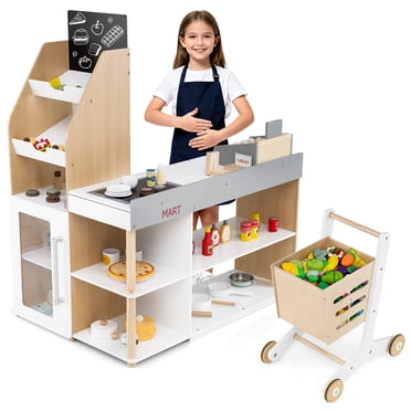 Costway Ensemble de Jeu d'Épicerie Factice avec Panier d'Épicerie, Comptoir de Caisse, Caisse Enregistreuse