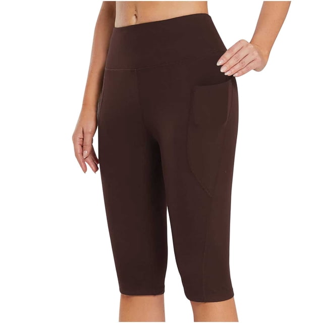 PEZHADA Women's High Waisted Yoga Workout Exercise Capris with Pockets, Brown, L