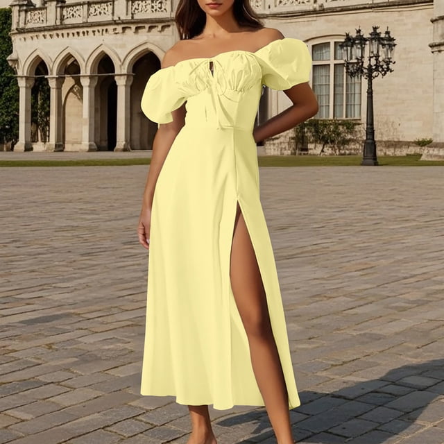 Ovzne Robes pour Femmes Robe pour Femme Robe Décontractée de Printemps et d'Été pour Femmes à Manches Bouffantes, à Lacets, Fendue Robe de Vacances Robe à Manches Courtes Liquidation