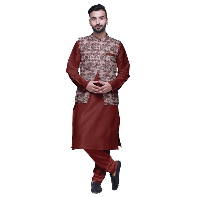 Atasi Kurta Churidar Uni pour Homme à Col Mandarin, Pyjama et Ensemble de Veste Nehru Imprimée