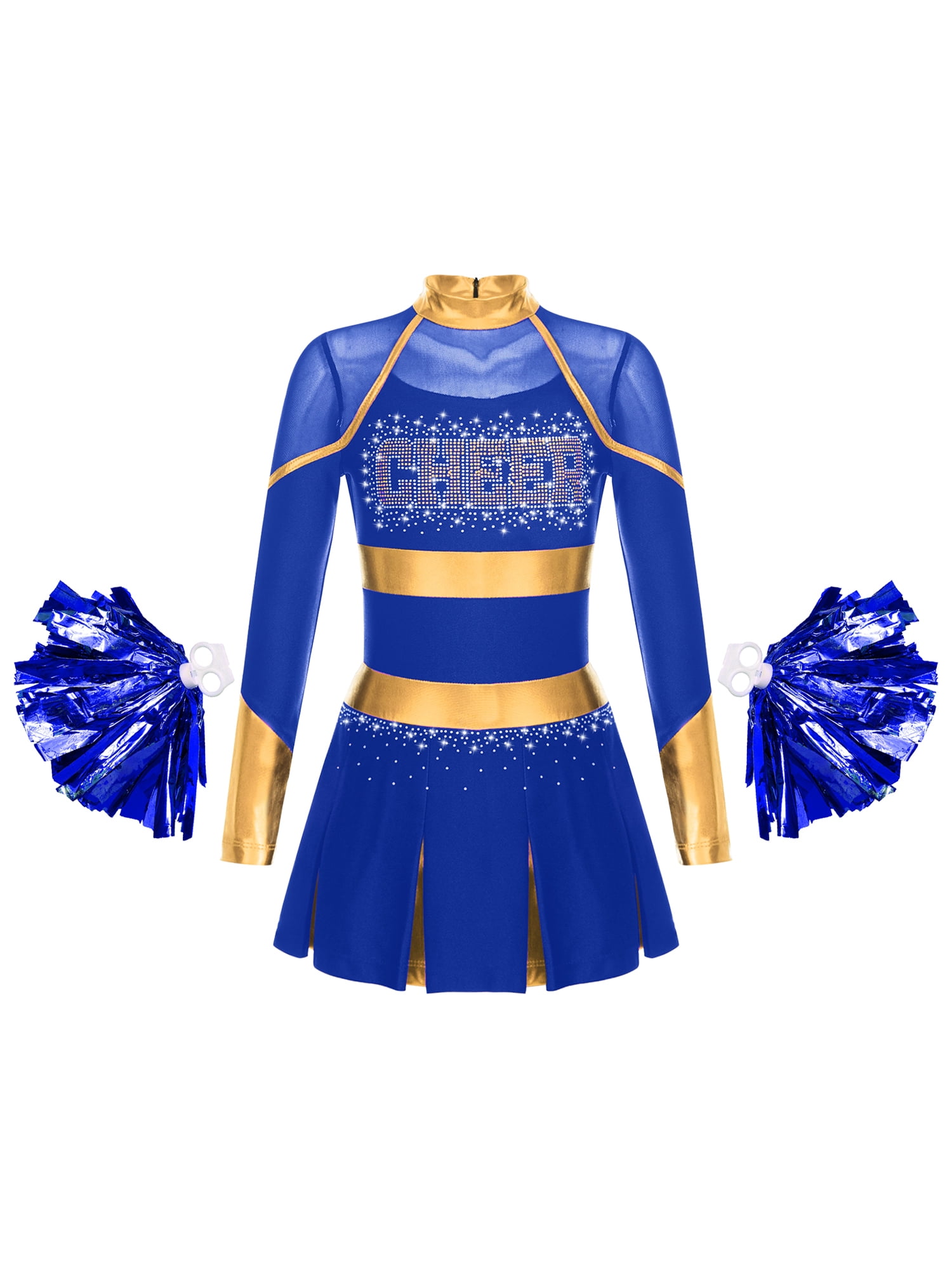Hansber Déguisement d'Halloween pour Filles Enfants, Costume de Pom-Pom Girl pour Fête, Uniforme de Cheerleading à Manches Longues, Robe de Danse avec Pompon, Bleu 6