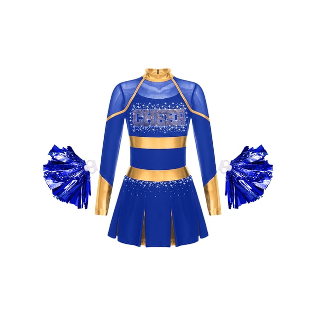 Hansber Déguisement d'Halloween pour Filles Enfants, Costume de Cheerleader pour Fête, Uniforme de Cheerleading à Manches Longues, Robe de Danse avec Pompon, Bleu 14