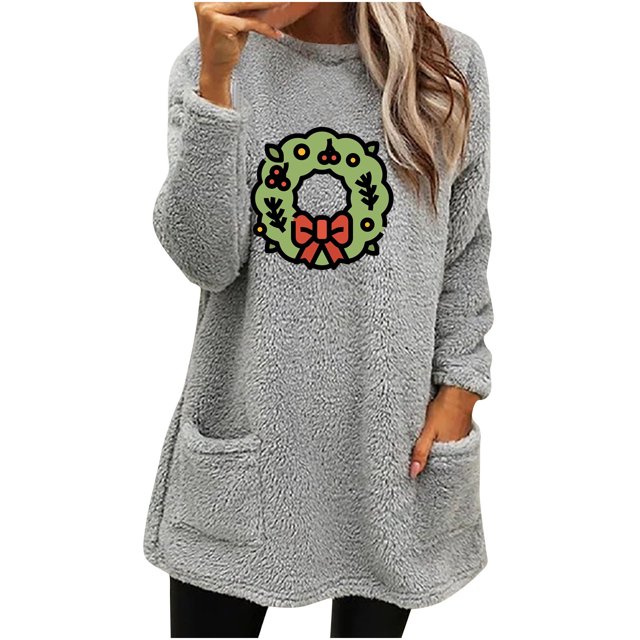 Timegard Tops for Women Fall Winter Fleece Linend Christmas Print Long Sleeve Thick Pullover with Pockets