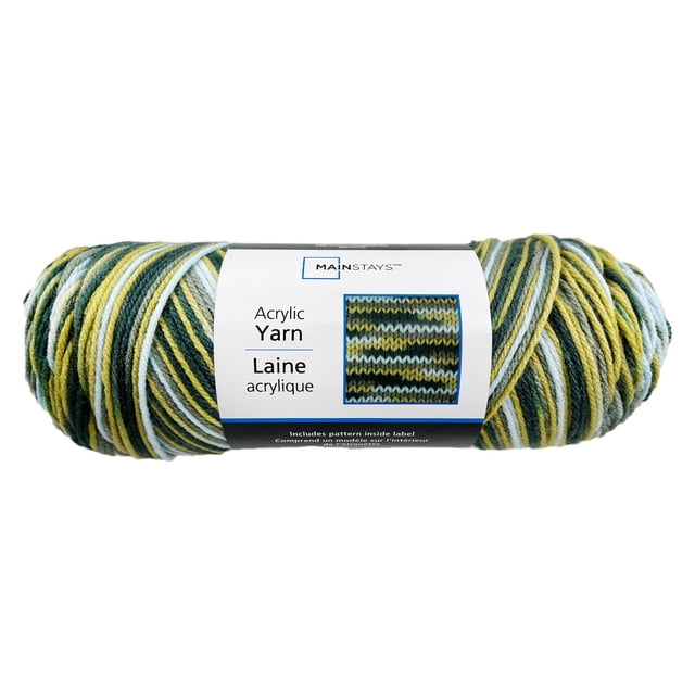 Mainstays Acrylic Yarn skein in multi-color green, yellow, white, and gray, medium worsted 100% acrylic yarn with label showing knitting pattern, suitable for hand knitting, crocheting, and DIY projects.
