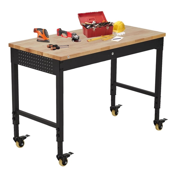 Adjustable Workbench – 48x24" Heavy Duty – 2000 lb Capacity – Rubber Wood Top – Power Outlets – 4 Lockable Wheels – Black