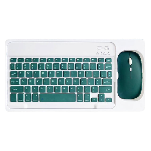 Wireless Keyboard and Mouse Bluetooth Keyboard for Mobile Phones and Tablets. A compact wireless keyboard and mouse combo featuring a white frame with green keys and a matching green mouse. Designed for Bluetooth connectivity with tablets, smartphones, and other devices, it offers a quiet typing experience and silent mouse clicks. The keyboard includes a built-in rechargeable lithium battery with up to 40 hours of usage on a full charge and a standby time of approximately 100 days. The set is portable and ideal for travel, with a 10-metre operating range for convenience.