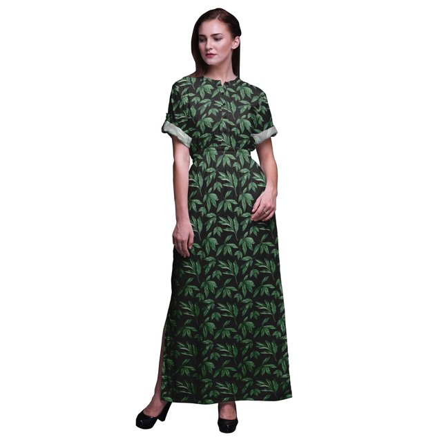 Bimba Robe Longue Maxi en Rayonne à Imprimé Feuilles pour Femmes avec Fente Latérale - Xxx-Grand