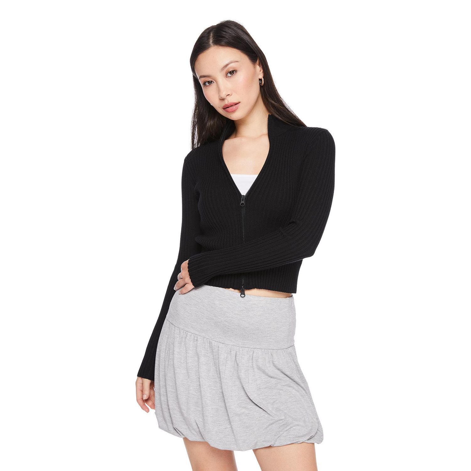 No Boundaries Women's 2-Way Zip Rib Sweater