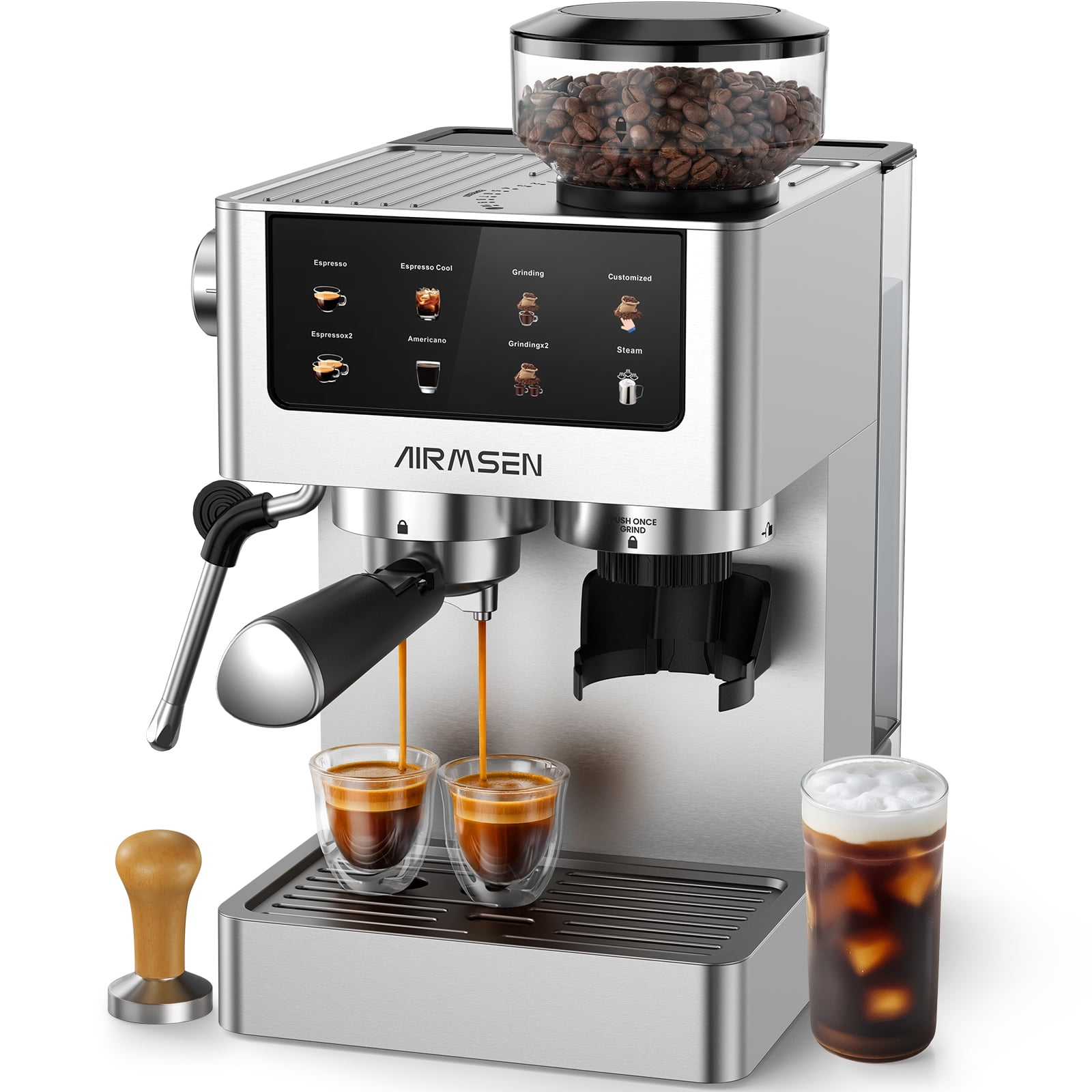 AIRMSEN Espresso Machine with Grinder, Espresso Coffee Maker with Customized Grind Amount & Coffee Volume, Cold Brew Coffee Machine for Cappuccino Latte Americano