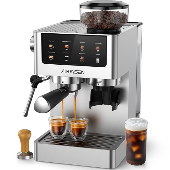 AIRMSEN Machine à Espresso avec Broyeur, Cafetière Espresso avec Quantité de Mouture et Volume de Café Personnalisés, Machine à Café Infusé à Froid pour Cappuccino Latte Americano
