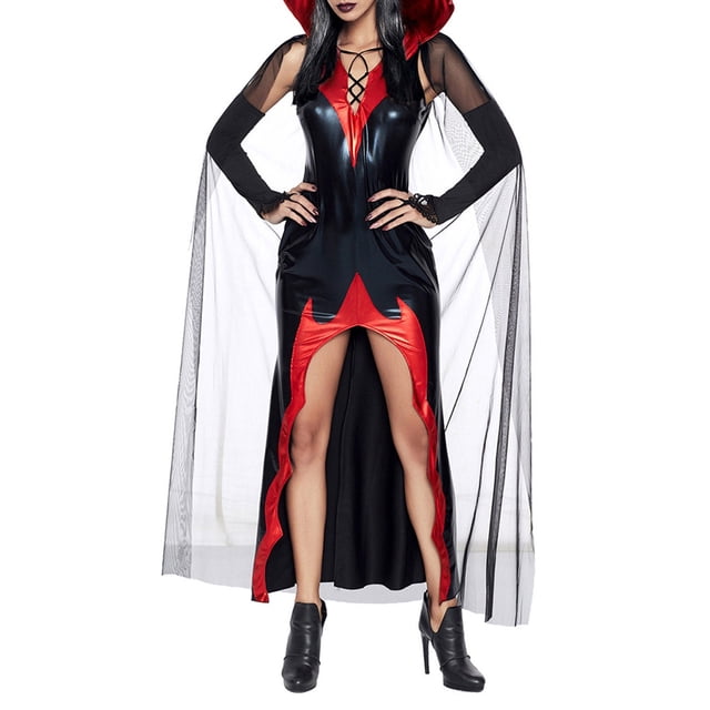 SUNSIOM Déguisement d'Halloween Vampire pour Femmes, Robe Longue de Style Garçon de Luxe avec Cape et Manches de Bras, Ensemble de Cosplay