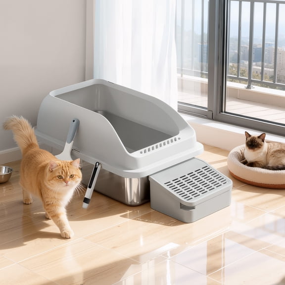 LEDREM Bac à Litière pour Chat en Acier Inoxydable à Dessus Ouvert avec Marche, Plateau à Litière à Bords Hauts pour Chats jusqu'à 33 lb, Gris Dove