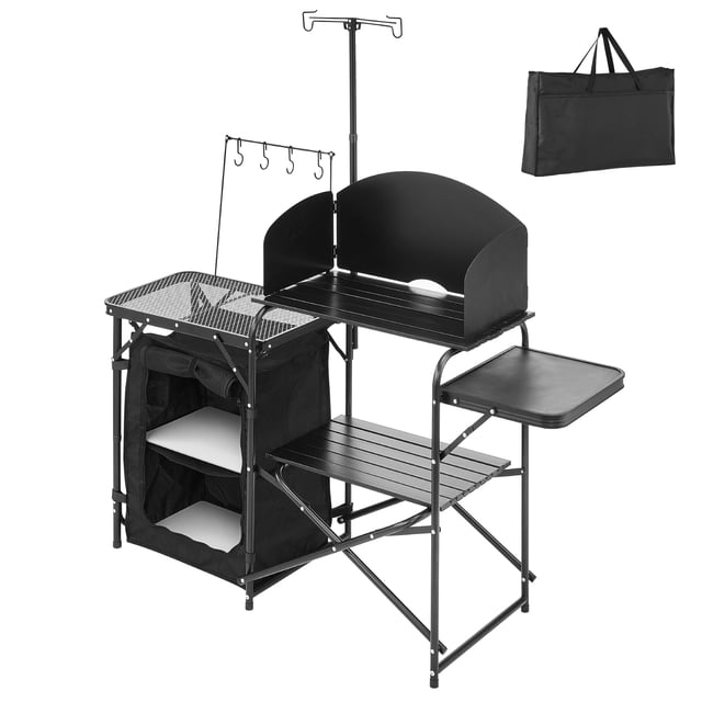 KFFKFF Foldable Camping Table, Portable Camping Kitchen Table Outdoor, Aluminum Portable Cook Station with Storage Cupboard, Carrying Bag, Detachable Windscreen, Quick Set-up