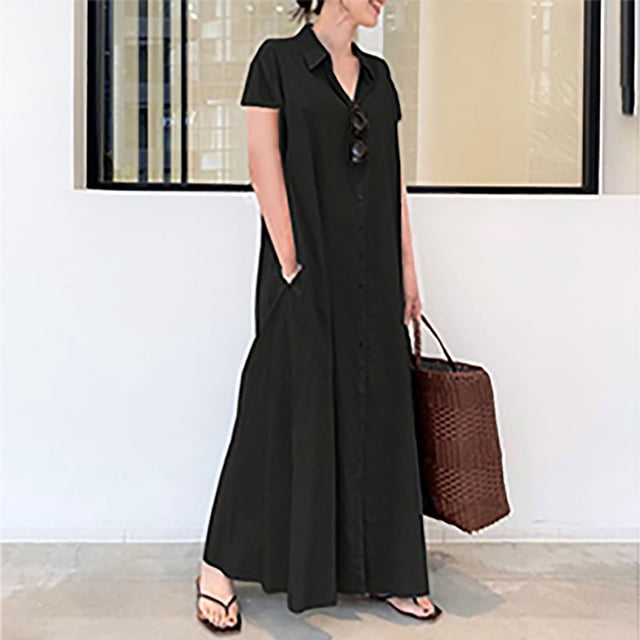 Robes d'Été Grande Taille pour Femmes 2024 Décontractées Aguichant Col Rond Uni et Manches Courtes Robe à Boutons Économisez jusqu'à 65 %!