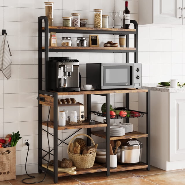 Bakers Rack with Power Outlet, Coffee Bar with Wire Drawer, Industrial Microwave Stand, Kitchen Buffet Table with Large Storage, 6-Tier Kitchen Storage Rack with Hutch, Rustic