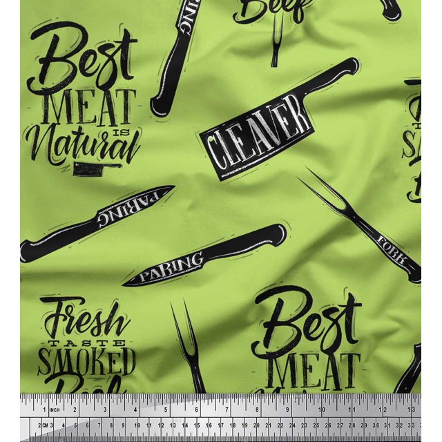 Soimoi Green Poly Georgette Fabric Text & Knife Kitchen Print Fabric by the Yard 42 Inch Wide