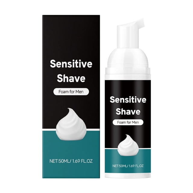 FcBaudy Sensitive Shave Foam for Men, 50ml, designed for protection against shaving irritation and suitable for sensitive skin. The product includes a black and teal bottle with a pump dispenser and matching packaging, both labeled 'Sensitive Shave Foam for Men.'
