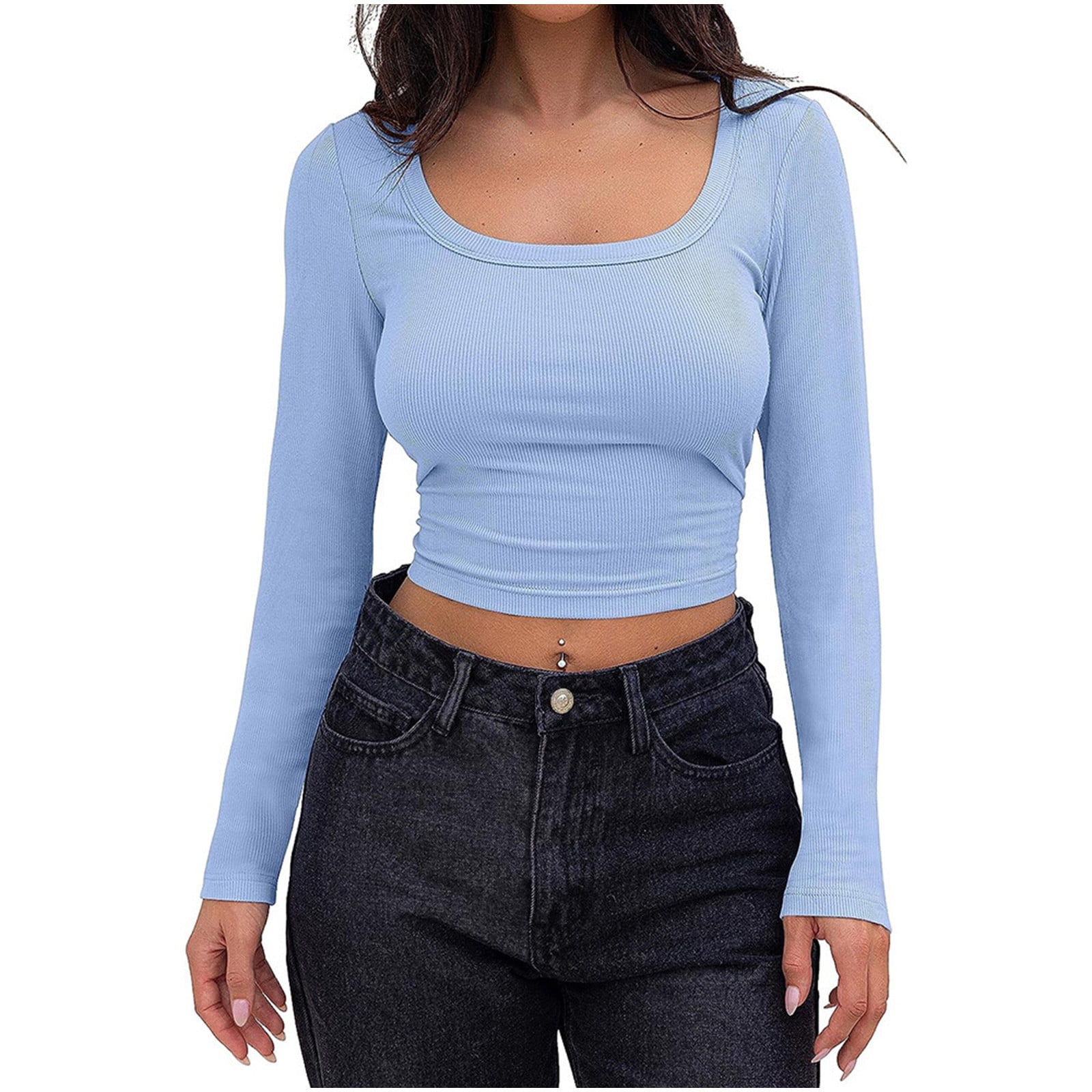 Timegard Crop Tops for Women Ribbed Scoop Neck Long Sleeve Slim Comfy Tee Casual Tops Bottom Blouse Fall