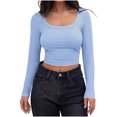 thumbnail image 1 of MeetoTime Womens Ribbed Long Sleeve Scoop Neck Tops Slim Basic Cropped Tees Fall Pullover Shirts, 1 of 7