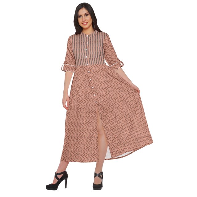 Moomaya Kurtis Imprimés à Fente Frontale en Ligne A pour Femmes, Manches Courtes, Kurta d'Été