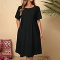 thumbnail image 2 of Amzcrzy Robes pour Femmes Robe en Coton et Lin de Couleur Unie Mode à Manches Courtes Robes d'Été pour Femmes Col Rond Robe d'Été Décontractée Plissée Robes Midi pour Femmes avec Poche, 2 of 9