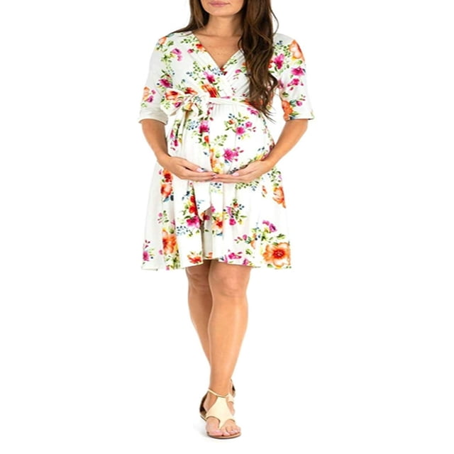 EASTIN Robe de Maternité pour Femmes avec un design Décontracté à Col en V, Imprimé floral, Manches Mi-Longues et Taille Ajustable. Cette Robe Mi-Longue, en polyester Doux et Respirant, Est Parfaite pour les Vêtements de Grossesse, les Séances Photo, les baby showers Ou les Sorties Décontractées. le Tissu Extensible Assure le Confort et Accueille un Ventre de Bébé en Croissance Tout en Conservant une Élégance.