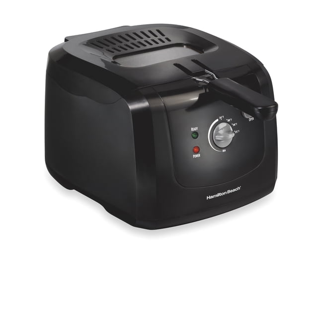 Hamilton Beach® Friteuse au Toucher Froid Noire avec Capacité d'Huile de 2 Litres, Côtés au Toucher Froid, Cadran de Température Réglable de 275 °F à 375 °F, Voyants Indicateurs de Puissance et de Prêt, et Élément Chauffant Immergé Amovible pour une Friture Rapide et un Nettoyage Facile. Elle Convient Aussi pour Frire Rapidement de Petits Lots de Collations.