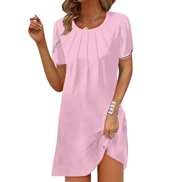 Nouvelle Robe d'Été Décontractée pour Femmes à Col Rond, Couleur Unie, Ample, Plissée à la Poitrine, Manches Courtes, Robe Décontractée à Col Rond et Manches Courtes avec Plis et Coupe Ample, Parfaite pour les Journées d'Été, Idéale pour les Voyages