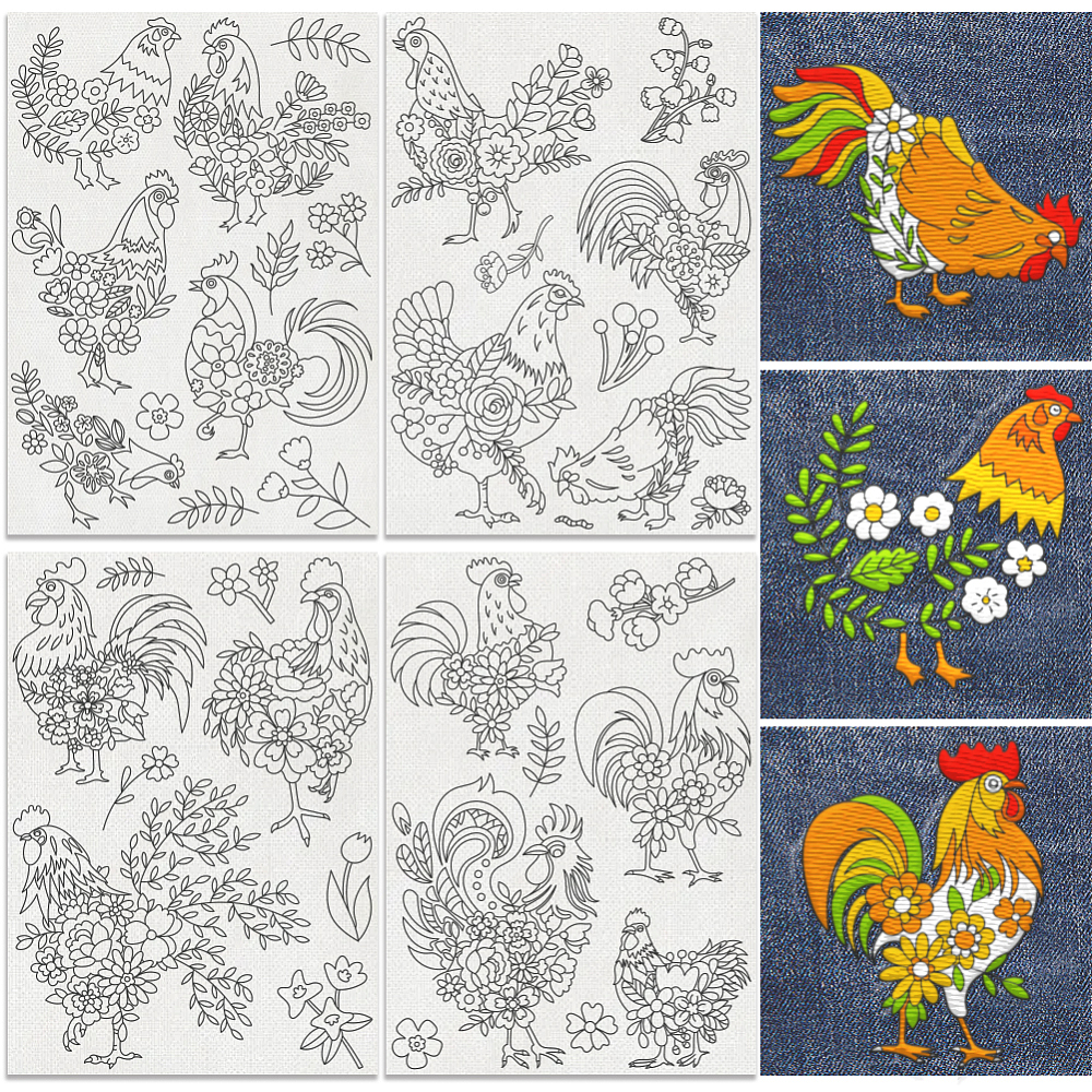 34Pcs Floral Chicken Water Soluble Hand Sewing Stabilizers 8.3"x11.7" Flower Chiken Embroidery Pattern Stabilizer 4 Sheets Animal Stick and Stitch Embroidery Paper Sticker