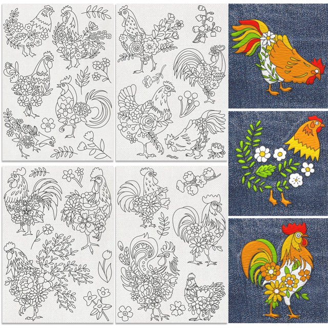 34Pcs Floral Chicken Water Soluble Hand Sewing Stabilizers 8.3"x11.7" Flower Chiken Embroidery Pattern Stabilizer 4 Sheets Animal Stick and Stitch Embroidery Paper Sticker