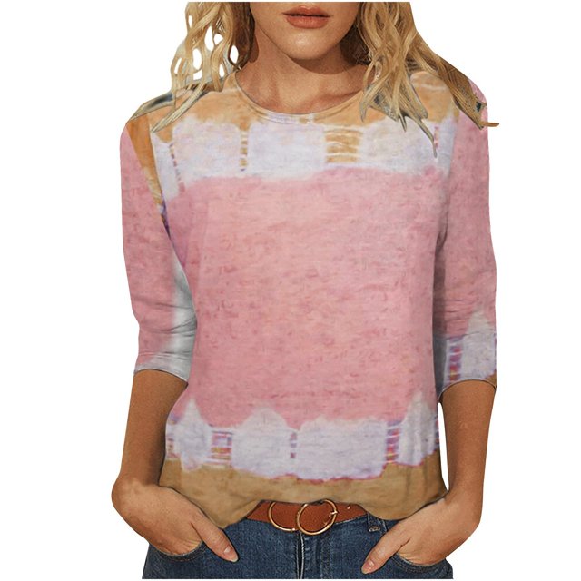 Pompotops T-shirt Imprimé Mode Femme Mi-Longueur Manches 3/4 Chemisier Col Rond Manches Décontractées
