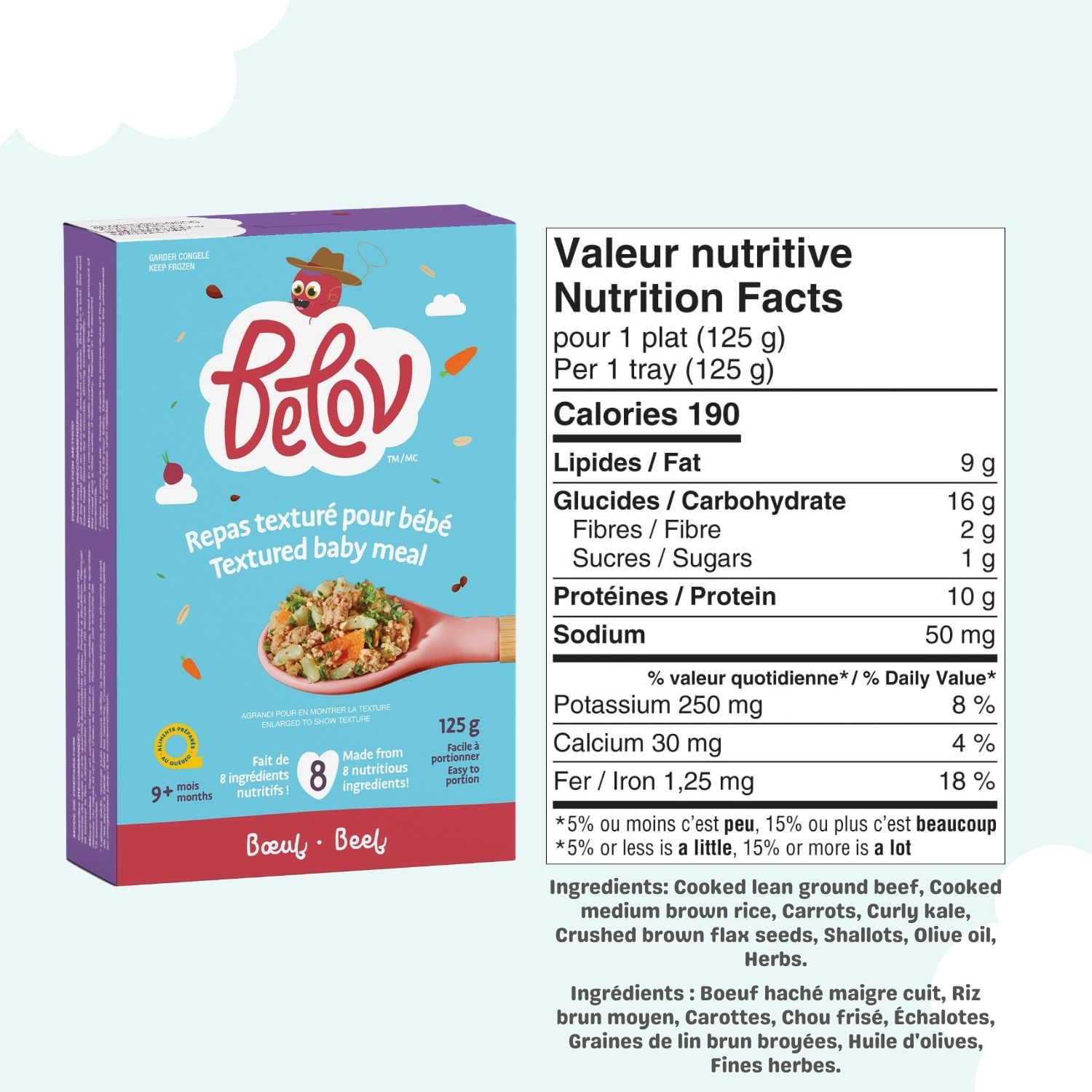 Belov Aliment Bébé Étape 3, Repas Texturé au Bœuf, Surgelé, 9+ Mois, 100 g