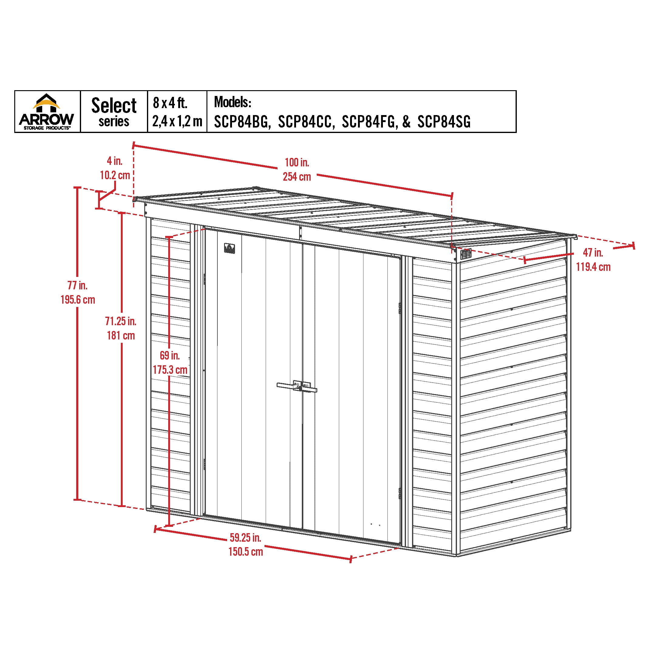 Arrow Select 8 x 4 x 6 ft Green Shed
