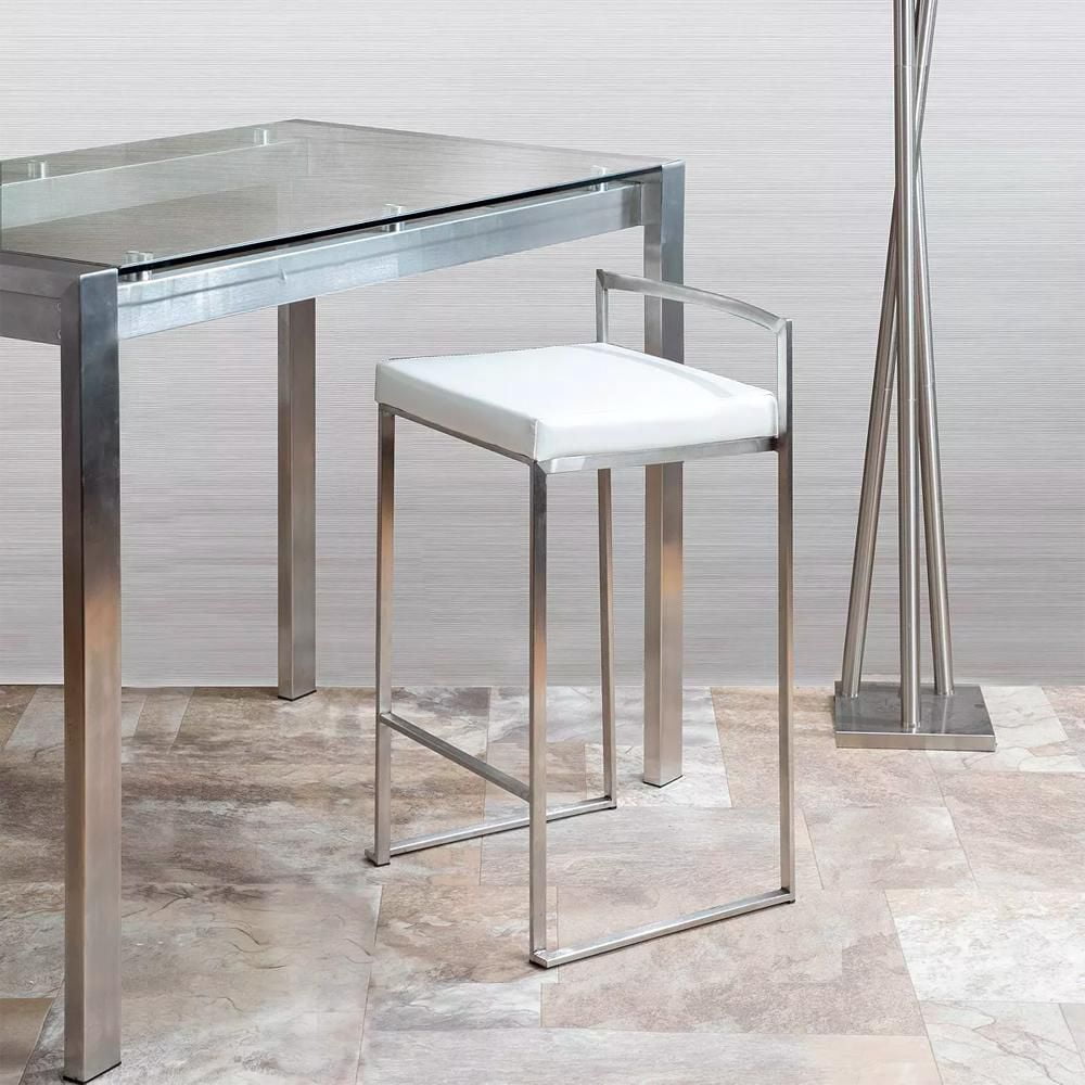 Heavenly Collection White PU Stool, White Bar Stool, White PU Bar Stool, PU Bar Stool with Chrome Finish, White Stool with Stainless Steel Frame, Low Back PU Bar Stool, Kitchen Stool, Island Stool, In