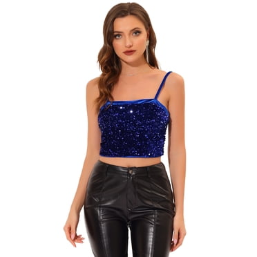 INSPIRE CHIC Women's Velvet Spaghetti Strap Glitter Sequin Camisole Club Party Crop Cami Top Navy Blue XL