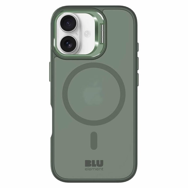 Blu Element Chromatic Kick MagSafe Case Sage Green for iPhone 17 shown from the back with a semi-transparent sage green acrylic back revealing the Apple logo and MagSafe ring. It has soft-touch shock-absorbing edges, a raised camera bezel, precise button cutouts, and a fold-out kickstand for landscape viewing. This slim, impact-resistant case offers drop protection up to 10 feet and is ideal for MagSafe-compatible iPhones needing extra camera protection.