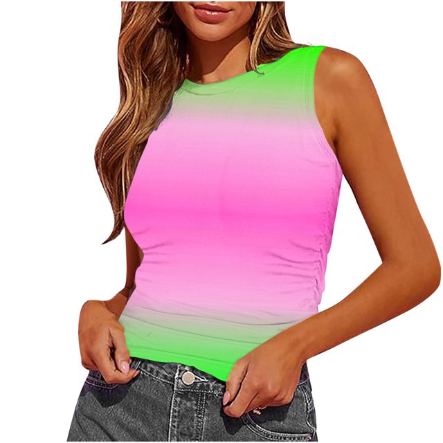 Plebaso 2025 Womens Ruched Tank Tops Slim Crewneck Sleeveless Shirts Fashion Printed Going out Blouses