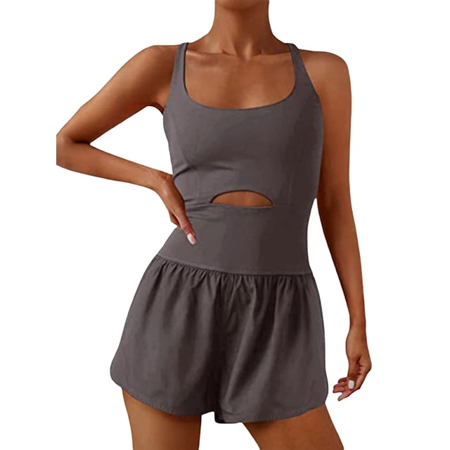 Diconna Women Solid Color Cami Playsuits Sleeveless Sports Short Jumpsuits Summer Cross Backless Romper Tracksuits