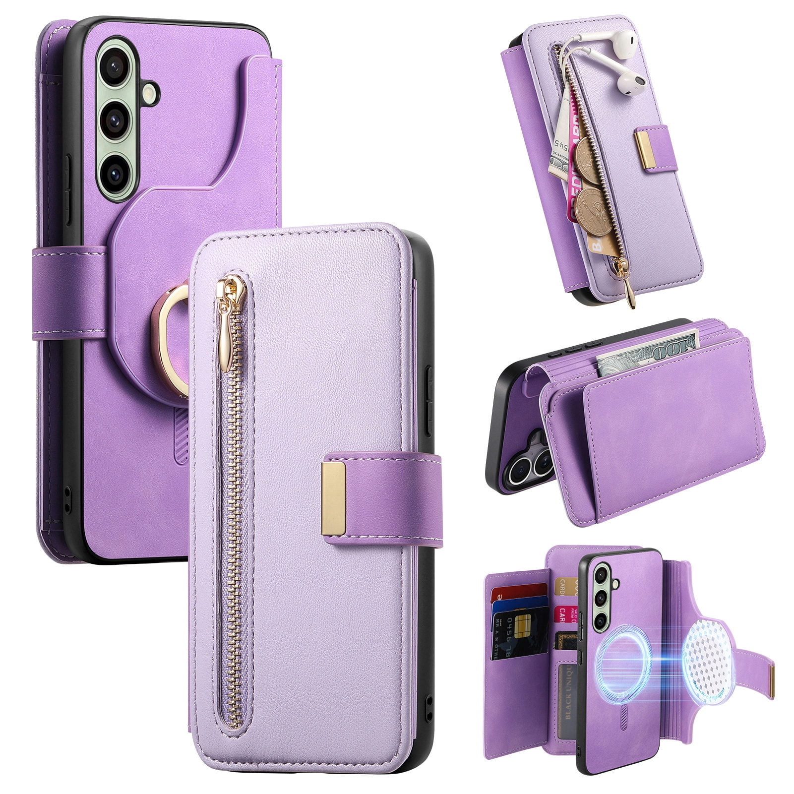2 in 1 Wallet Case for Samsung Galaxy A16 5G, Detachable Magnetic Back Cover with Cards Slots Zipper Pocket Ring Holder RFID Blocking Shockproof Phone Case for Samsung Galaxy A16 5G, Purple