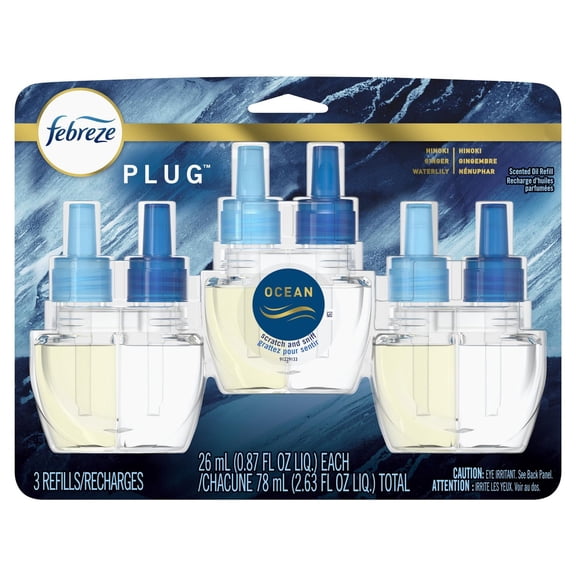 Febreze Désodorisant Électrique à Brancher, Recharge d'Huile Parfumée Anti-Odeurs, Parfum Océan, 3 Recharges