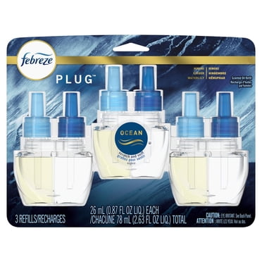 Febreze Désodorisant Électrique à Brancher, Recharge d'Huile Parfumée Anti-Odeurs, Parfum Océan, 3 Recharges