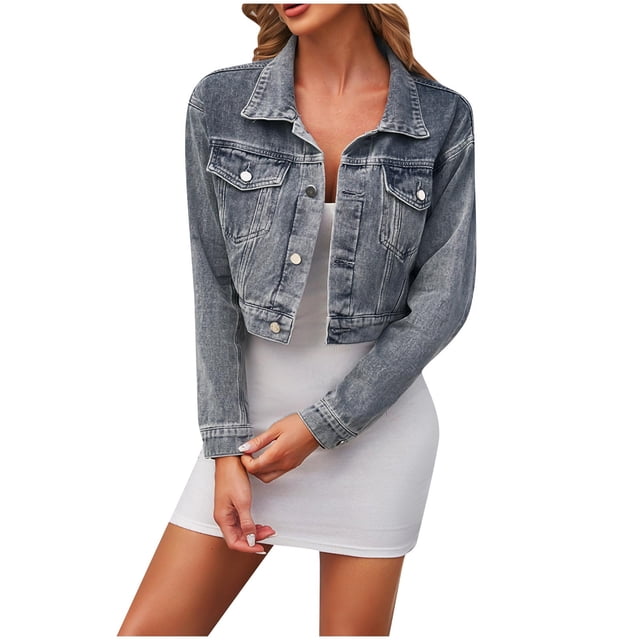Veste en Denim Extensible pour Femme à Manches Longues Sans Capuche Manteau et Vestes en Denim pour Femme Mode Couleur Col à Revers Style Amincissant Veste en Denim à Manches Bleu m
