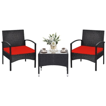 Patiojoy Ensemble Bistro de 3 Pcs en Rotin pour Patio avec Chaises Coussinées et Table d'Appoint Mobilier Classique Fauteuil Simple Coussin Épais pour Jardin Rouge