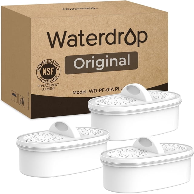 Waterdrop WD-PF-01A Plus NSF Certified Replacement Filters for Waterdrop Pitcher and Dispenser Filtration System, displayed as a set of three white oval filters with perforated tops and handles, alongside a branded cardboard box. These filters are compatible with various Waterdrop pitcher and dispenser models and feature advanced multi-stage filtration technology to remove contaminants such as PFAS, PFOA/PFOS, arsenic, fluoride, and chlorine. NSF 42 and NSF 372 certified, they provide up to 200 gallons of filtered water, replacing over 1600 standard 16oz bottles and reducing plastic waste.