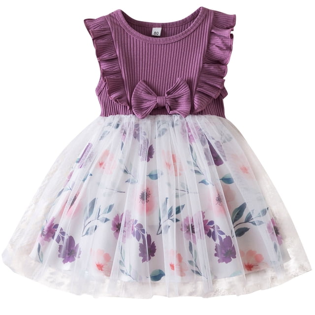 Robe d'Été pour Filles, Robe de Princesse en Coton à Manches Courtes avec Imprimé Floral pour Occasions Spéciales