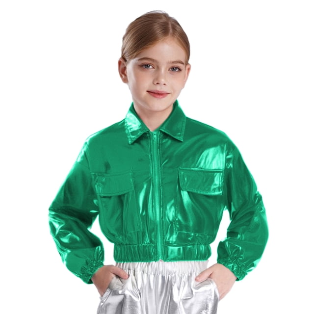 Jowowha Vestes de Jazz pour Filles Manteau Métallique Brillant à Manches Longues Col Rabattable avec Poches à Rabat Décontracté Hanches Vert 14