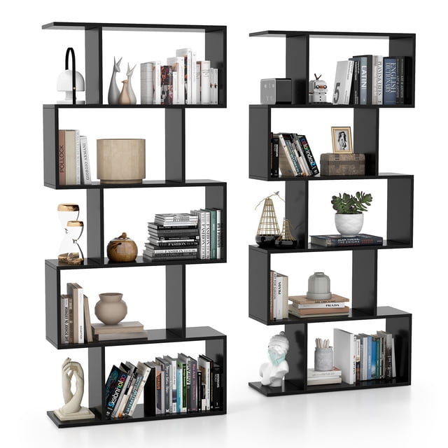 Costway 2 Pcs Bibliothèque à 5 Niveaux Géométrique en Forme de S Séparateur de Pièce Rangement Présentation en Bois d'Ingénierie Noir. Mobilier Moderne avec un design unique en Forme de S et Cinq Étagères Ouvertes pour Livres, Déco et Plantes. structure Verticale Gain de Place Idéale pour Salons, Chambres, Bureaux Ou Bureaux. Comprend des Trousses Anti-Basculement pour la Stabilité et des Coussinets Antidérapants pour Protéger les Planchers.