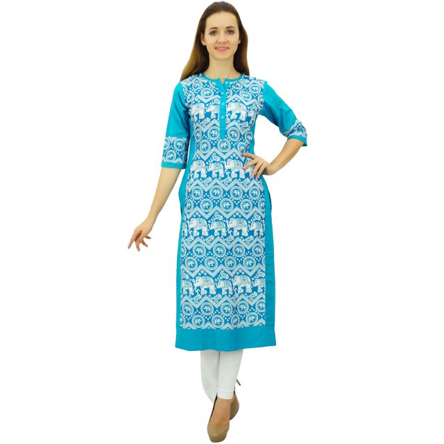 Phagun Kurta Droite Bleue de Designer pour Femme, Manches 3/4, Kurti Décontractée Imprimée-24