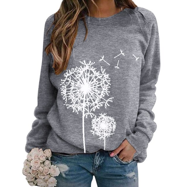ZXZY Women Dandelion Graphic Print Round Neck Long Sleeve Pullover