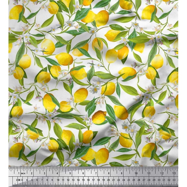 Soimoi Polyester Crepe Fabric Leaves,Floral & Lemon Vegetable Printed Craft Fabric by The Yard 42 Inch Wide